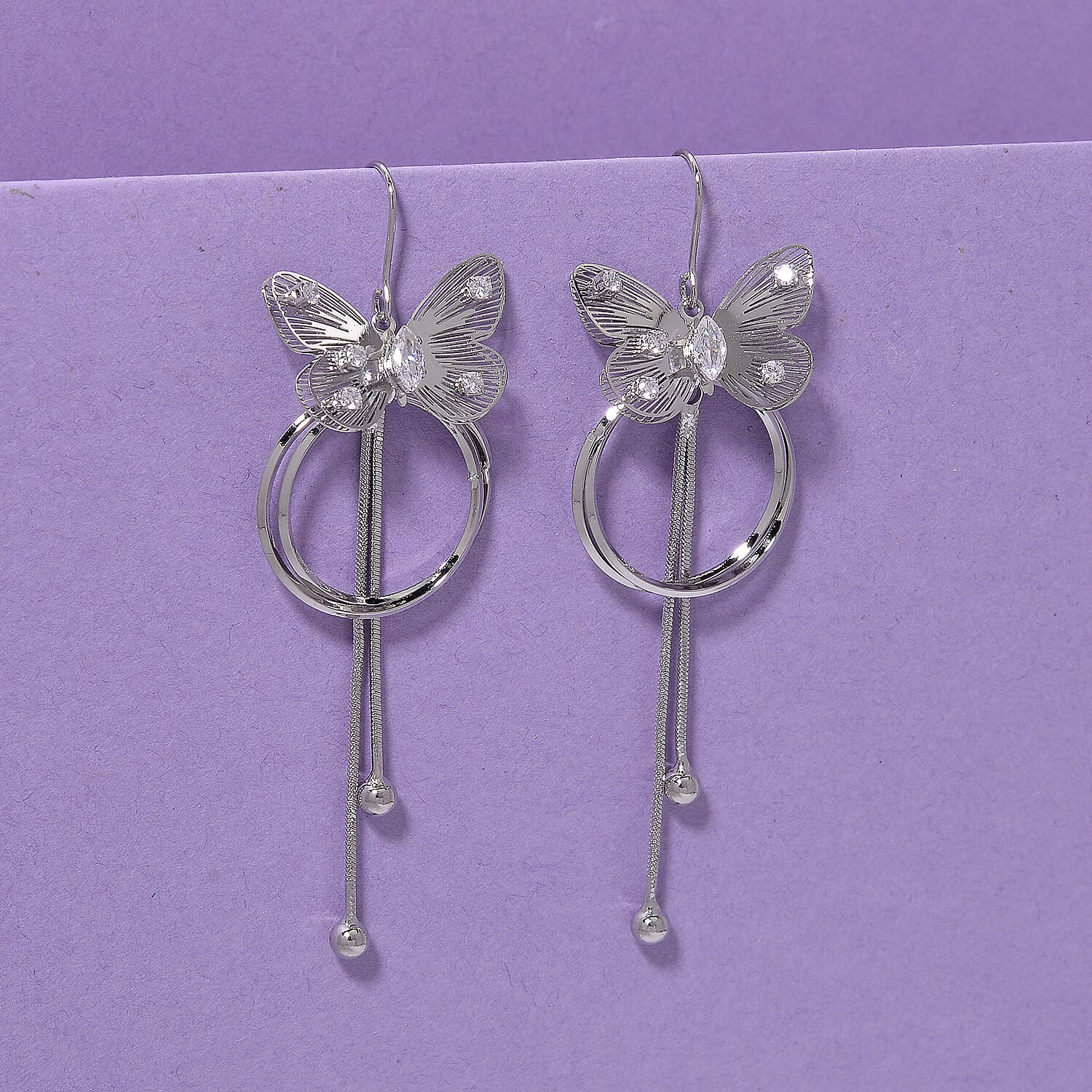 White Cubic Zirconia Dangling Earring with Hook in White Gold Plated