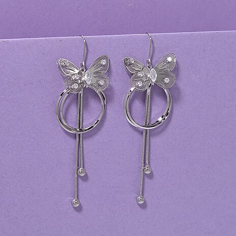 White Cubic Zirconia Dangling Earring with Hook in White Gold Plated
