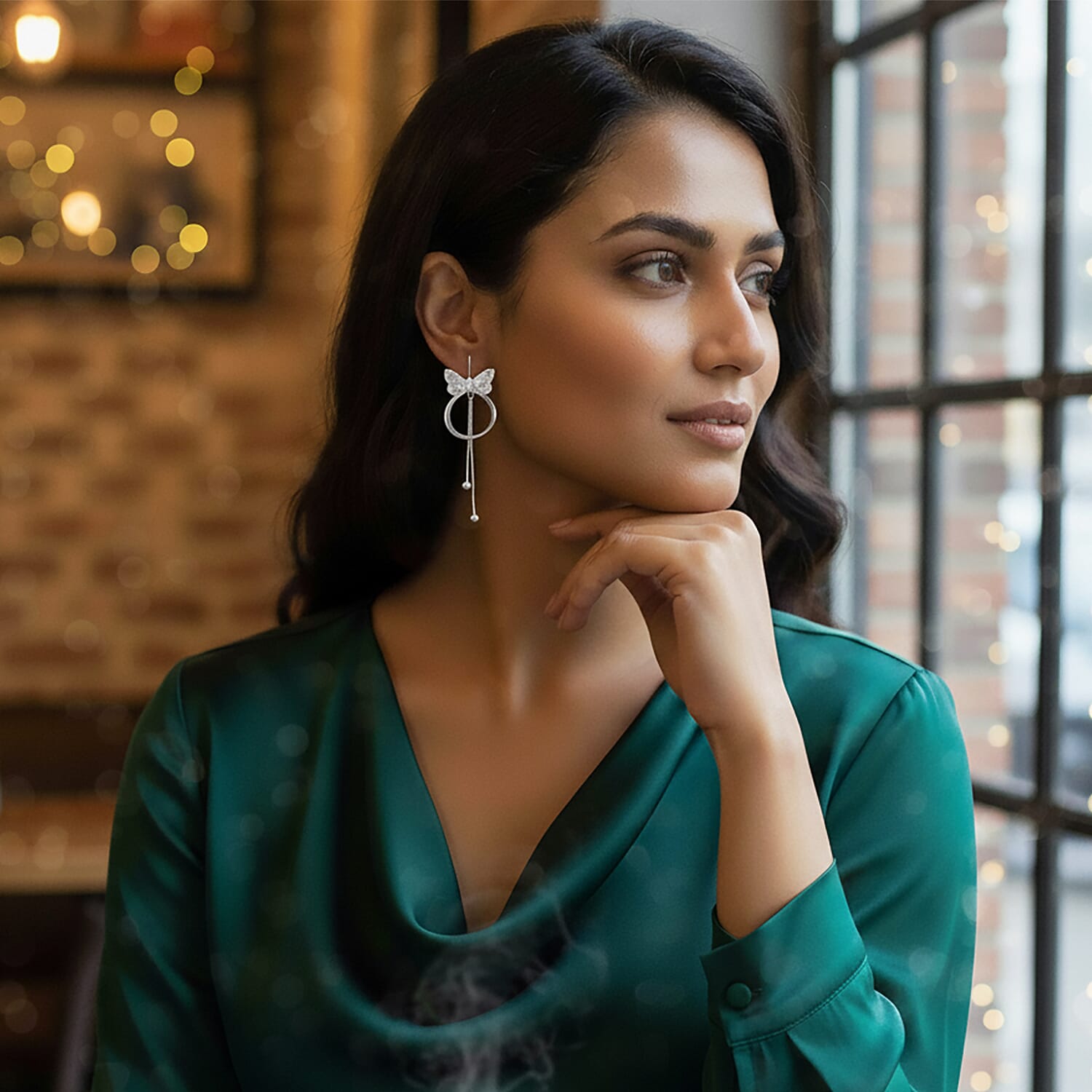 White Cubic Zirconia Dangling Earring with Hook in White Gold Plated