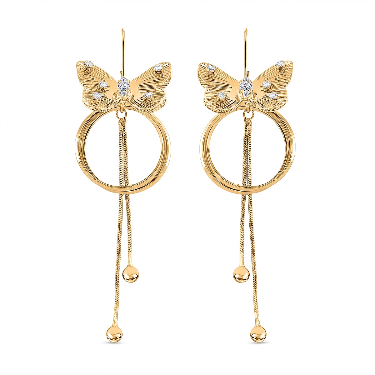 White Cubic Zirconia Dangling Earring with Hook in Yellow Gold Plated