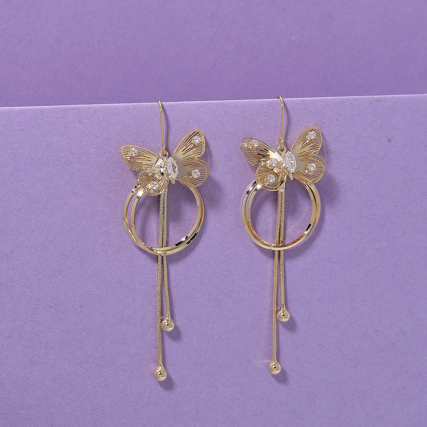 White Cubic Zirconia Dangling Earring with Hook in Yellow Gold Plated