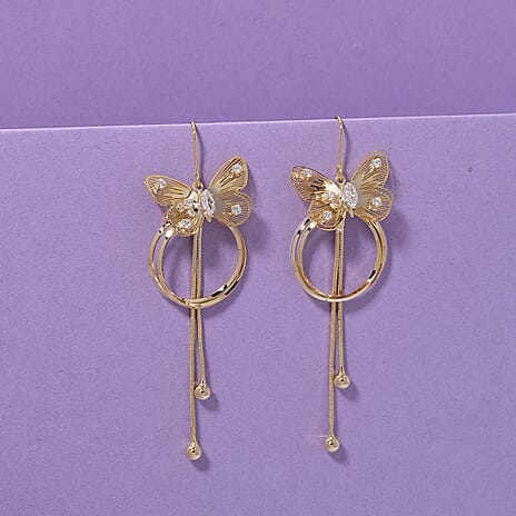 White Cubic Zirconia Dangling Earring with Hook in Yellow Gold Plated