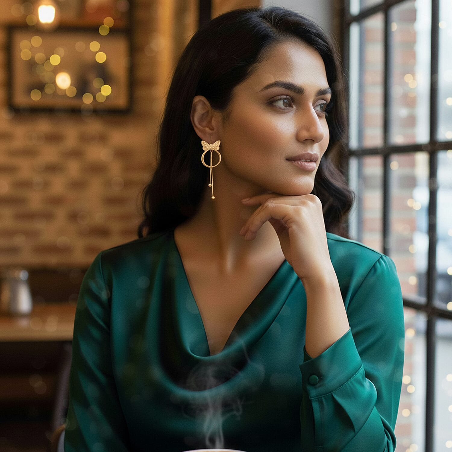 White Cubic Zirconia Dangling Earring with Hook in Yellow Gold Plated