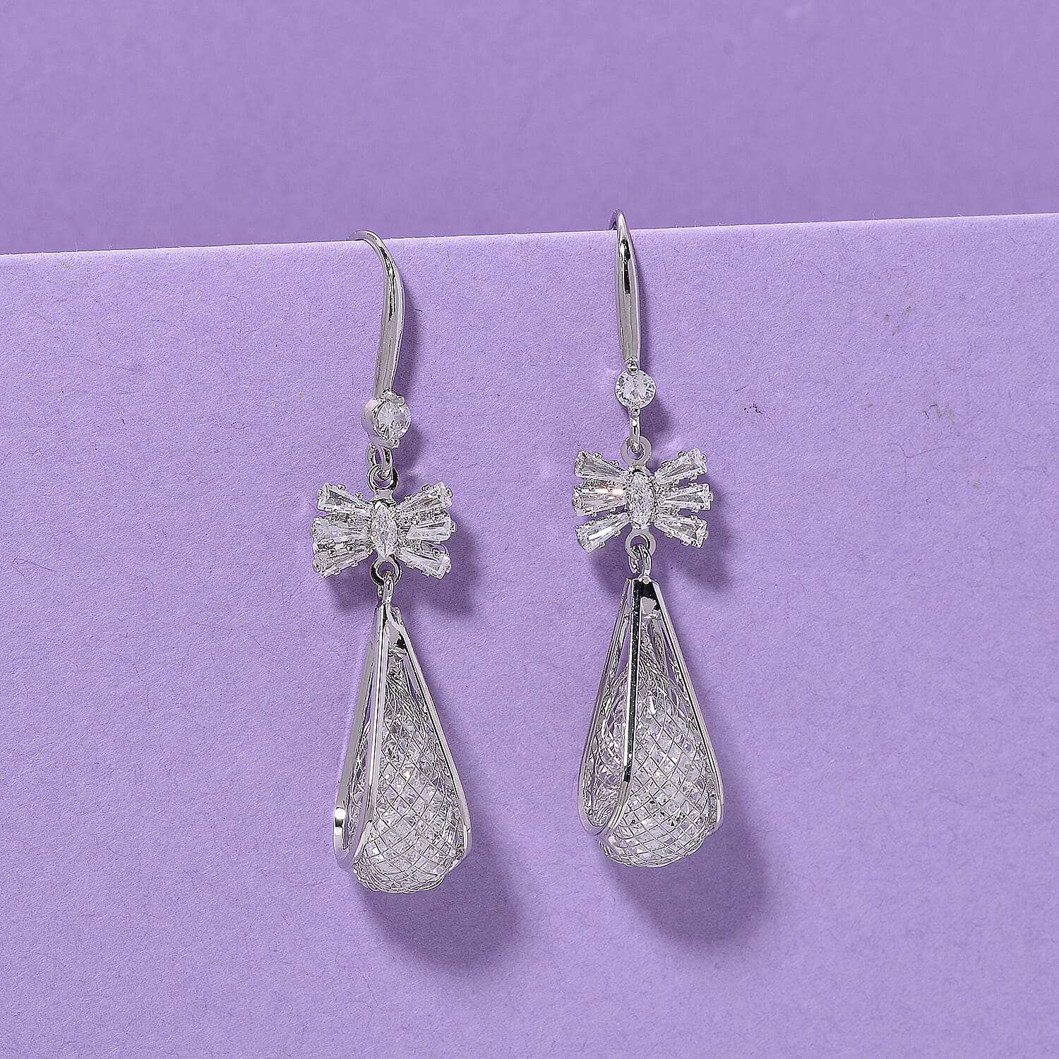 White Cubic Zirconia Dangling Earring with Hook in White Gold Plated 30.00 Ct.