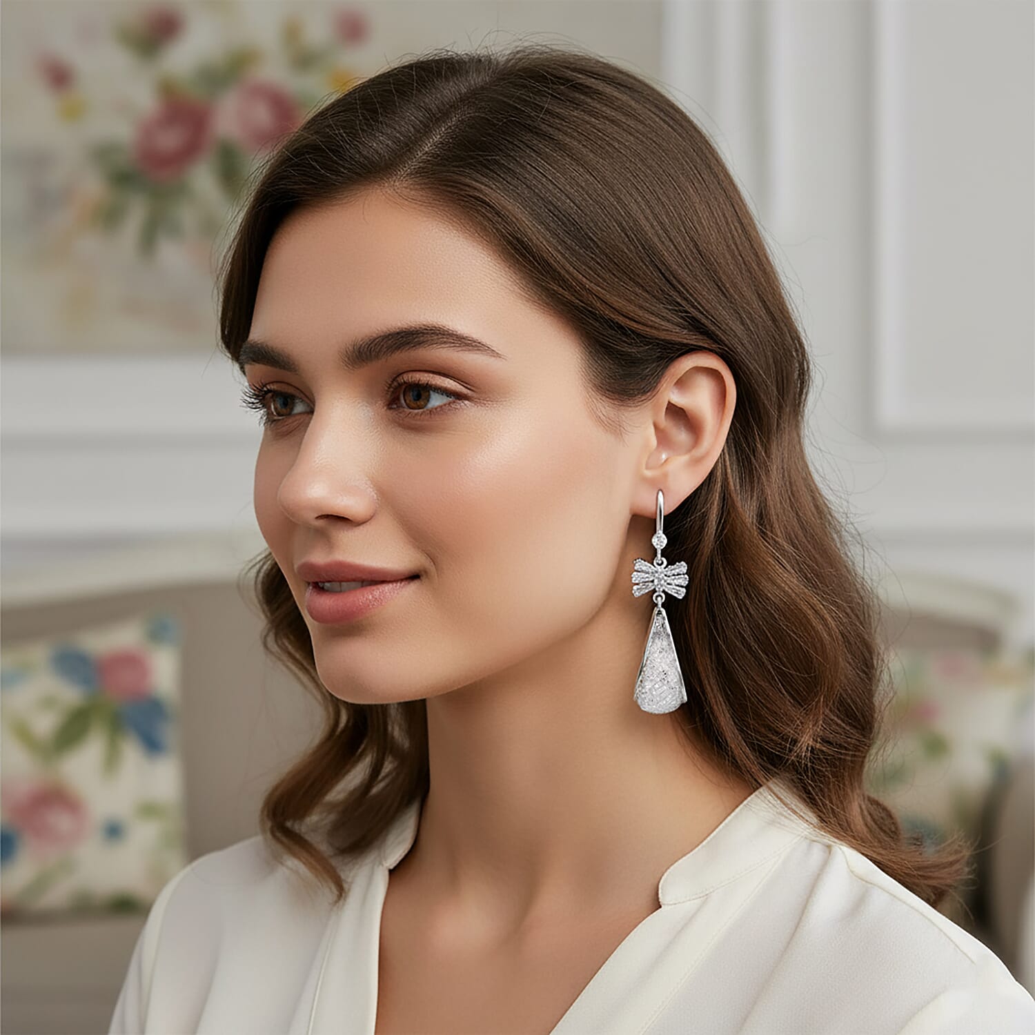 White Cubic Zirconia Dangling Earring with Hook in White Gold Plated 30.00 Ct.