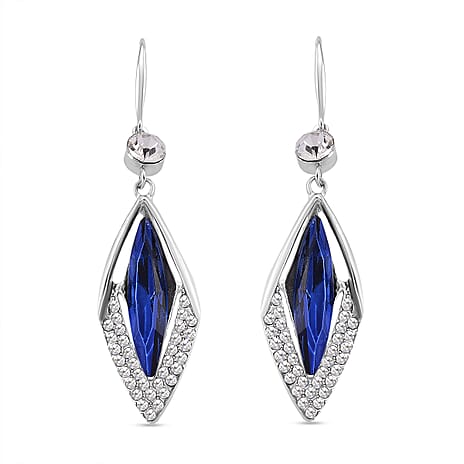 Austrian White Crystal & Austrian Blue Crystal Dangling Earring with Hook in White Gold Plated