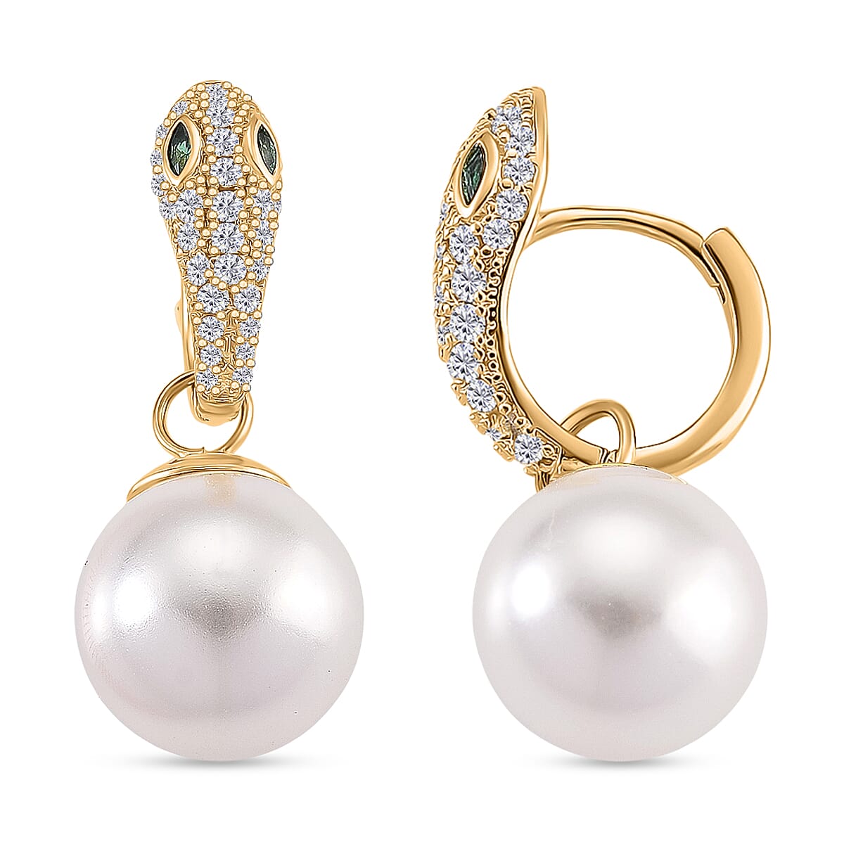 White Cubic Zirconia, Green Cubic Zirconia & White Shell Pearl Dangling Earring Cum Pendent with Clasp in Yellow Gold Plated