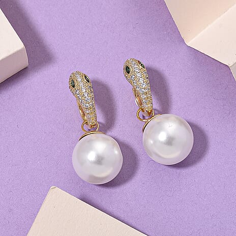 White Cubic Zirconia, Green Cubic Zirconia & White Shell Pearl Dangling Earring Cum Pendent with Clasp in Yellow Gold Plated