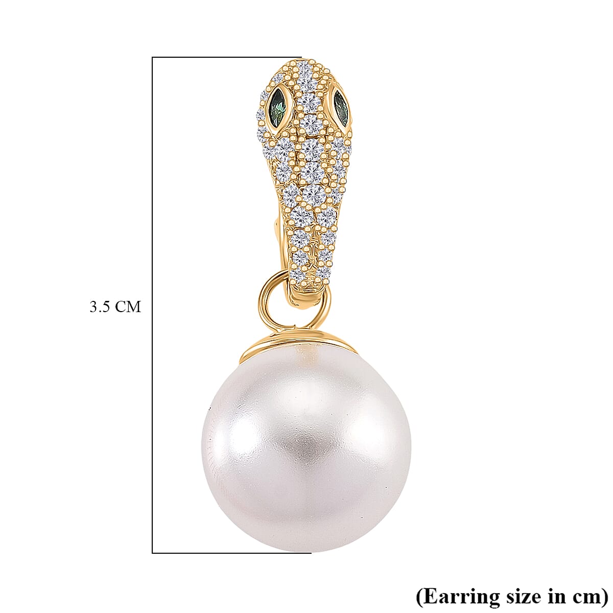 White Cubic Zirconia, Green Cubic Zirconia & White Shell Pearl Dangling Earring Cum Pendent with Clasp in Yellow Gold Plated