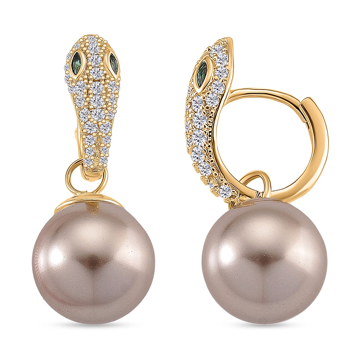 White Cubic Zirconia, Green Cubic Zirconia & Brown Shell Pearl Dangling Earring Cum Pendent with Clasp in Yellow Gold Plated