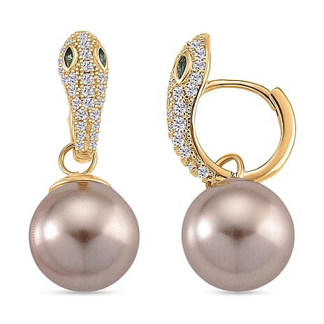 White Cubic Zirconia, Green Cubic Zirconia & Brown Shell Pearl Dangling Earring Cum Pendent with Clasp in Yellow Gold Plated