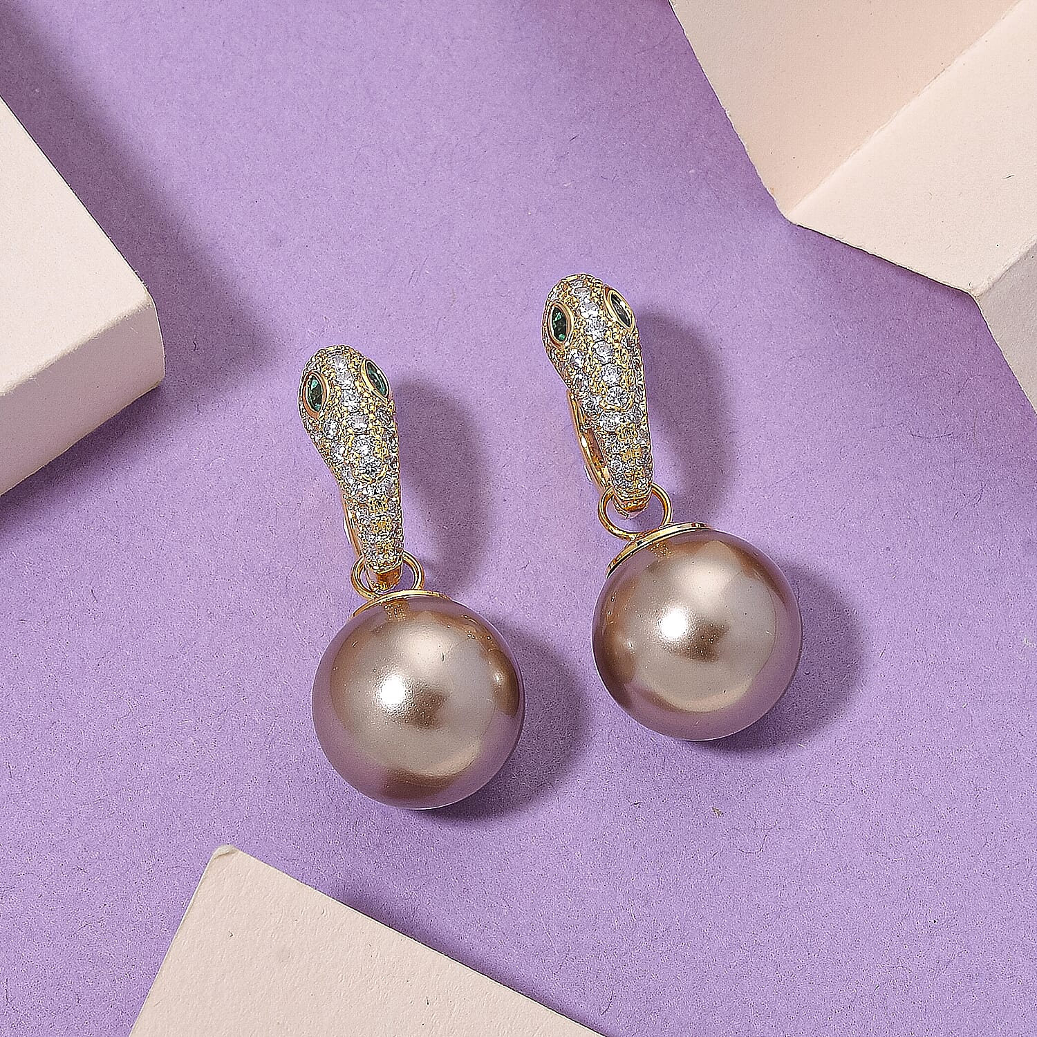 White Cubic Zirconia, Green Cubic Zirconia & Brown Shell Pearl Dangling Earring Cum Pendent with Clasp in Yellow Gold Plated