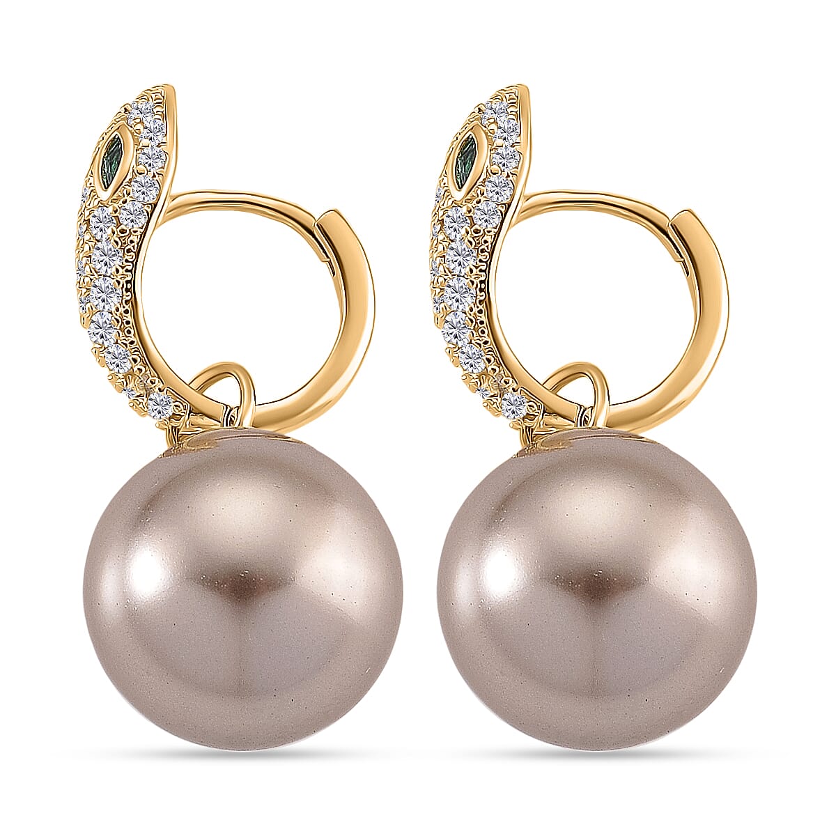 White Cubic Zirconia, Green Cubic Zirconia & Brown Shell Pearl Dangling Earring Cum Pendent with Clasp in Yellow Gold Plated