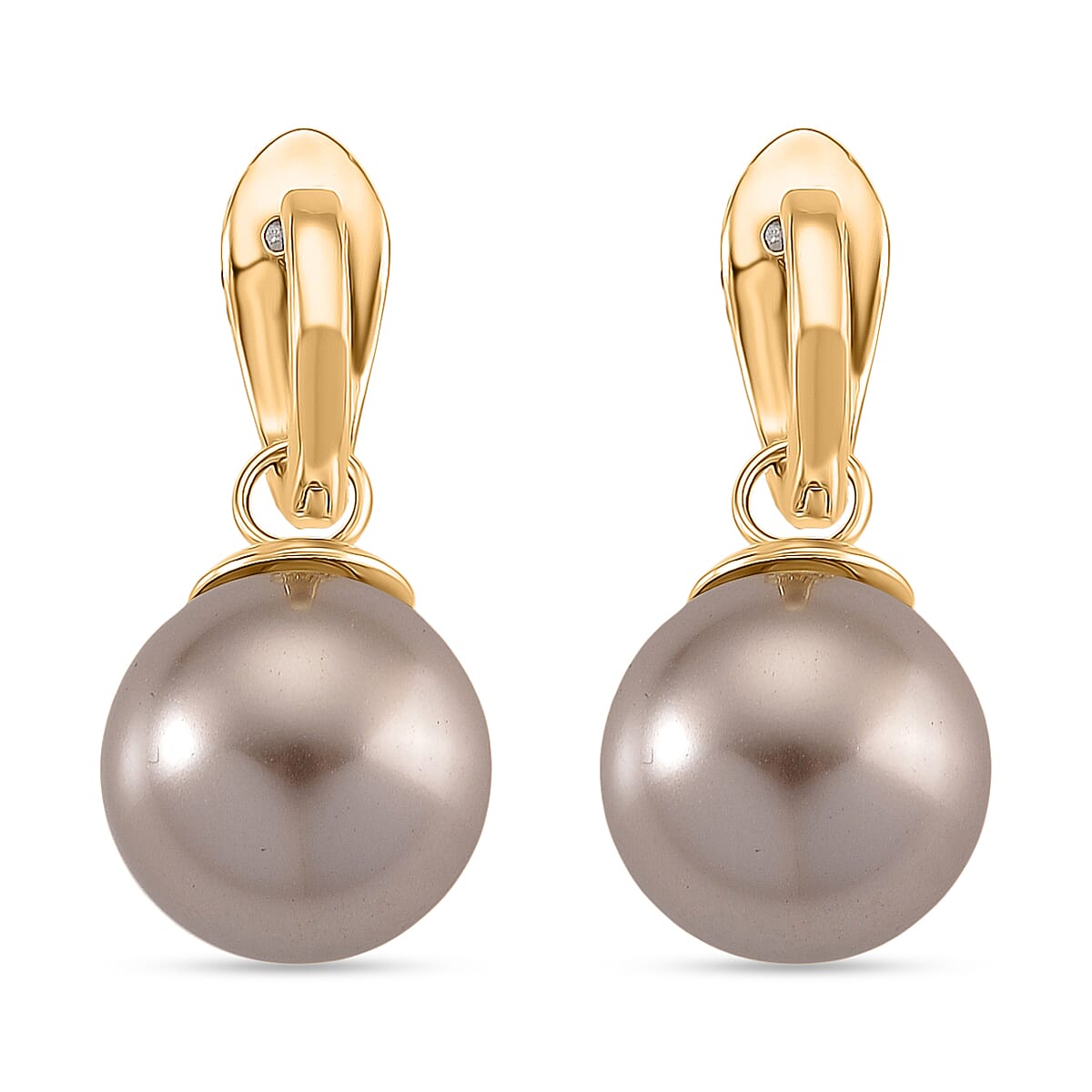 White Cubic Zirconia, Green Cubic Zirconia & Brown Shell Pearl Dangling Earring Cum Pendent with Clasp in Yellow Gold Plated