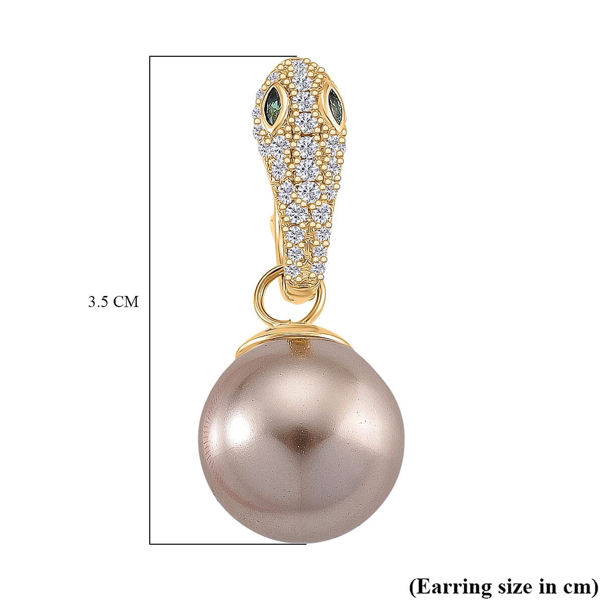 White Cubic Zirconia, Green Cubic Zirconia & Brown Shell Pearl Dangling Earring Cum Pendent with Clasp in Yellow Gold Plated