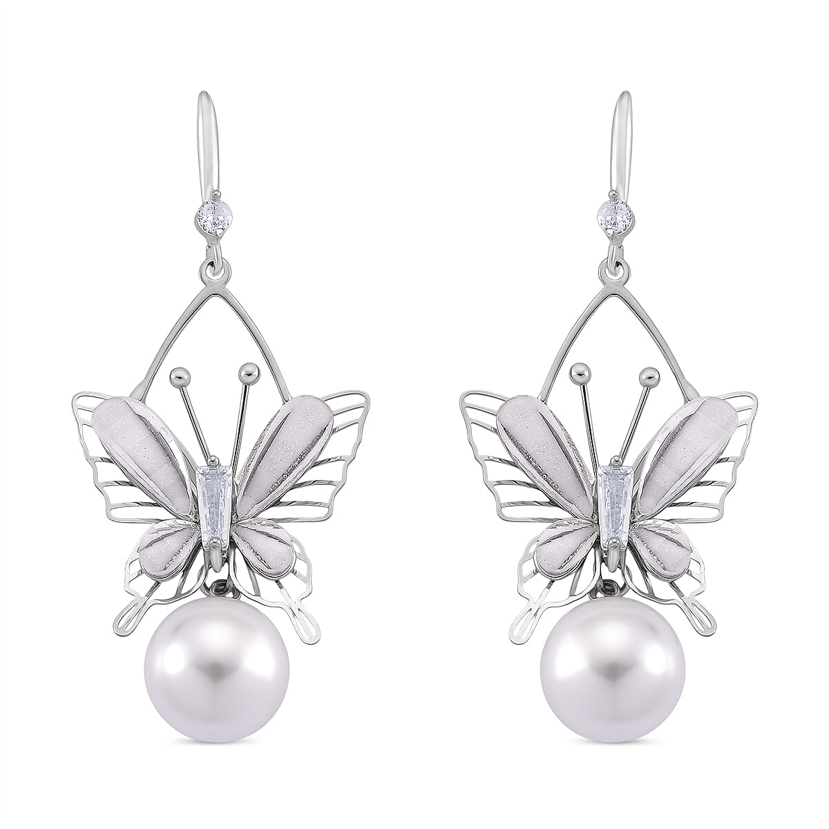 White Cubic Zirconia & White Shell Pearl Dangling Earring with Hook in Silver Plated