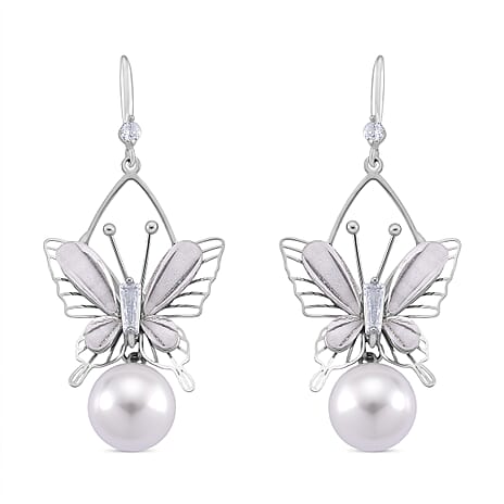 White Cubic Zirconia & White Shell Pearl Dangling Earring with Hook in Silver Plated