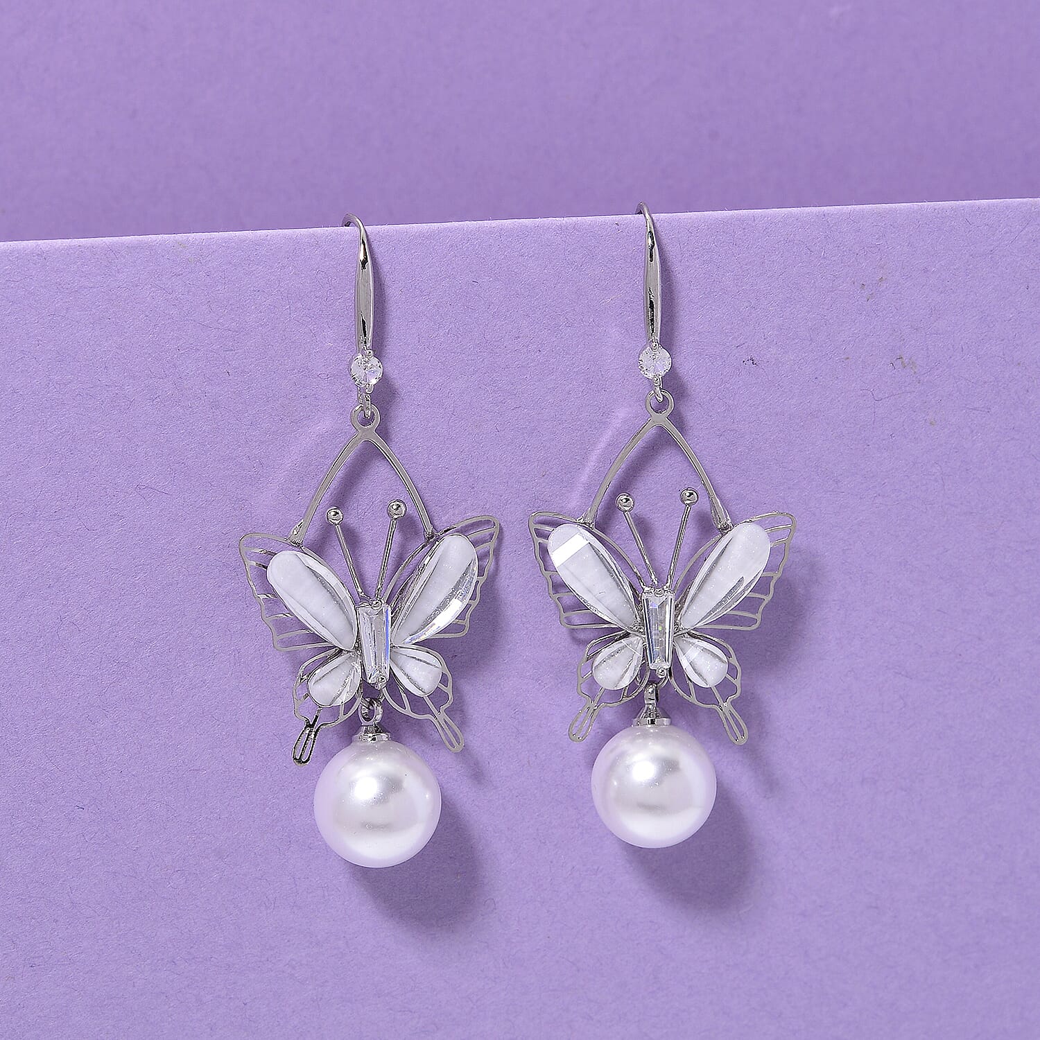 White Cubic Zirconia & White Shell Pearl Dangling Earring with Hook in Silver Plated