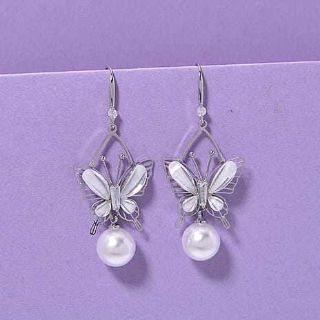White Cubic Zirconia & White Shell Pearl Dangling Earring with Hook in Silver Plated