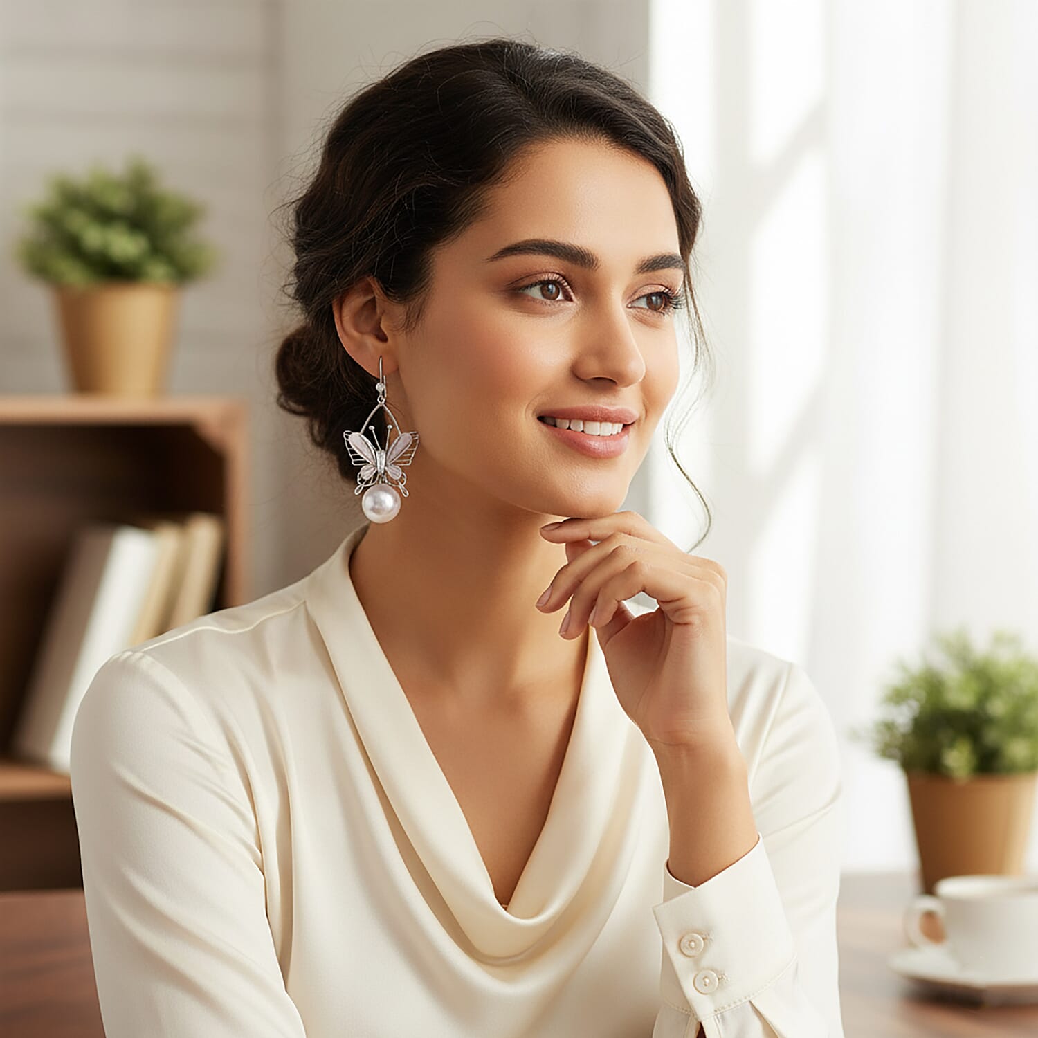 White Cubic Zirconia & White Shell Pearl Dangling Earring with Hook in Silver Plated