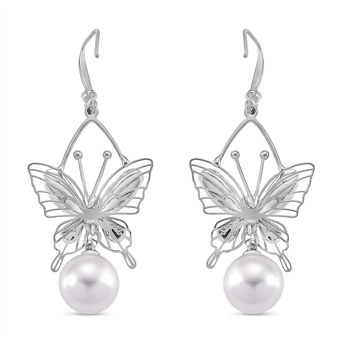 White Cubic Zirconia & White Shell Pearl Dangling Earring with Hook in Silver Plated