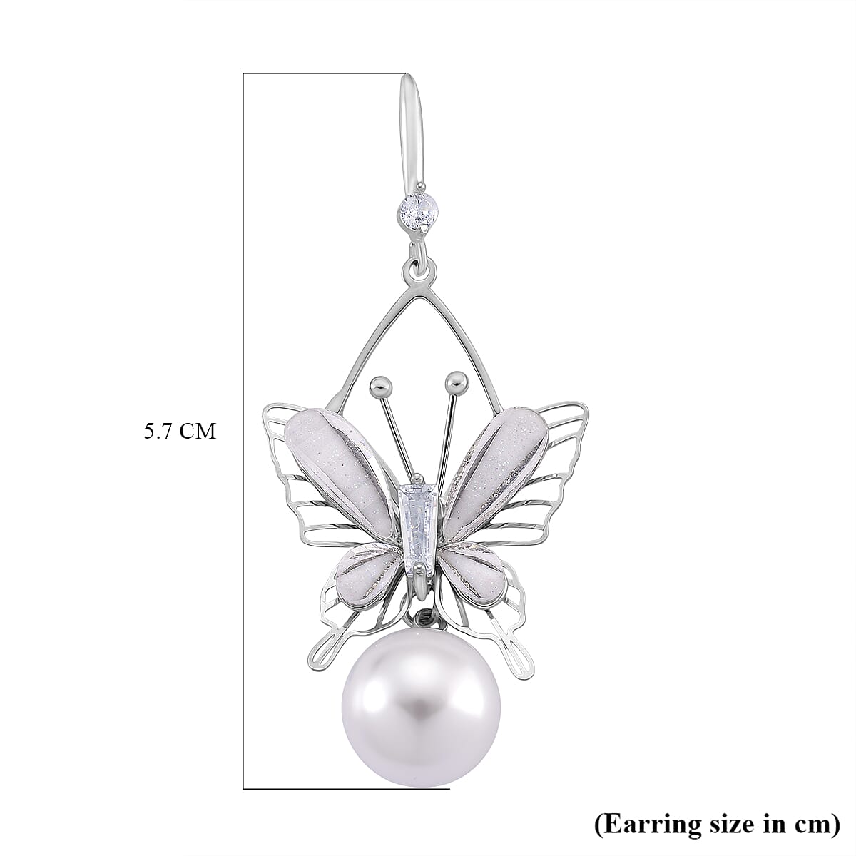 White Cubic Zirconia & White Shell Pearl Dangling Earring with Hook in Silver Plated