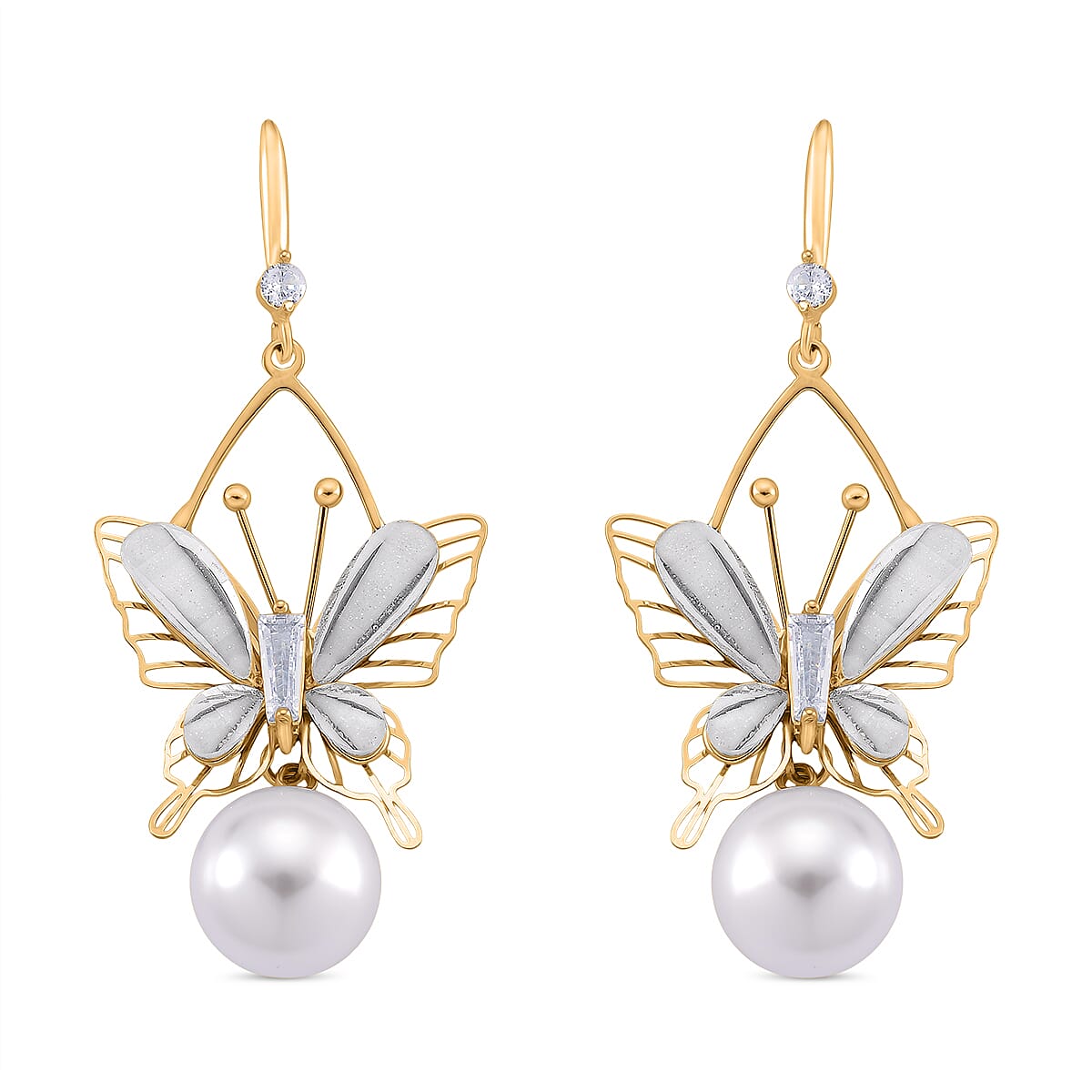 White Cubic Zirconia & White Shell Pearl Dangling Earring with Hook in Yellow Gold Plated