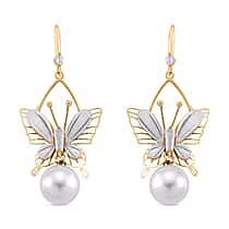 White Cubic Zirconia & White Shell Pearl Dangling Earring with Hook in Yellow Gold Plated