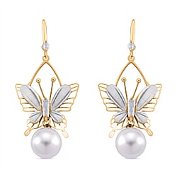 White Cubic Zirconia & White Shell Pearl Dangling Earring with Hook in Silver Plated