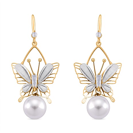 White Cubic Zirconia & White Shell Pearl Dangling Earring with Hook in Yellow Gold Plated