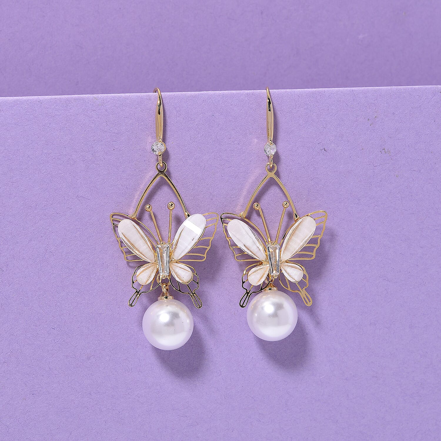 White Cubic Zirconia & White Shell Pearl Dangling Earring with Hook in Yellow Gold Plated