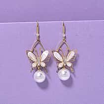 White Cubic Zirconia & White Shell Pearl Dangling Earring with Hook in Yellow Gold Plated