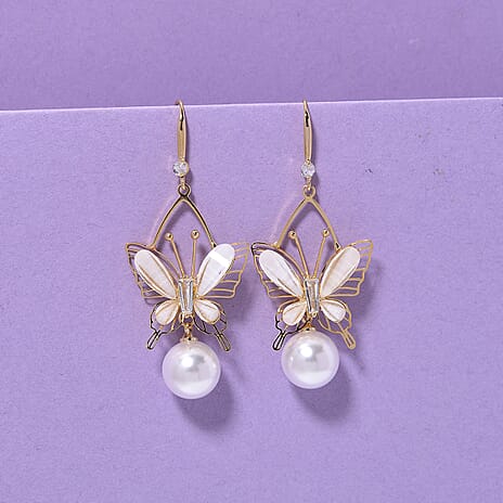 White Cubic Zirconia & White Shell Pearl Dangling Earring with Hook in Yellow Gold Plated
