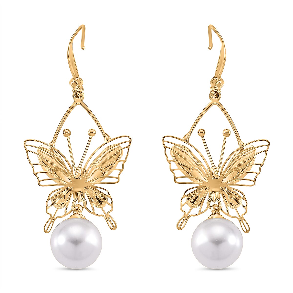 White Cubic Zirconia & White Shell Pearl Dangling Earring with Hook in Yellow Gold Plated