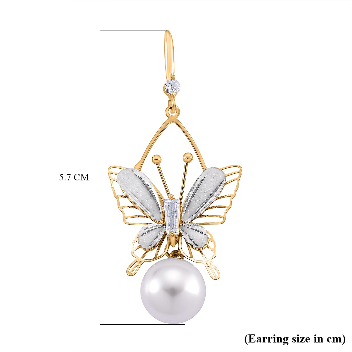 White Cubic Zirconia & White Shell Pearl Dangling Earring with Hook in Yellow Gold Plated