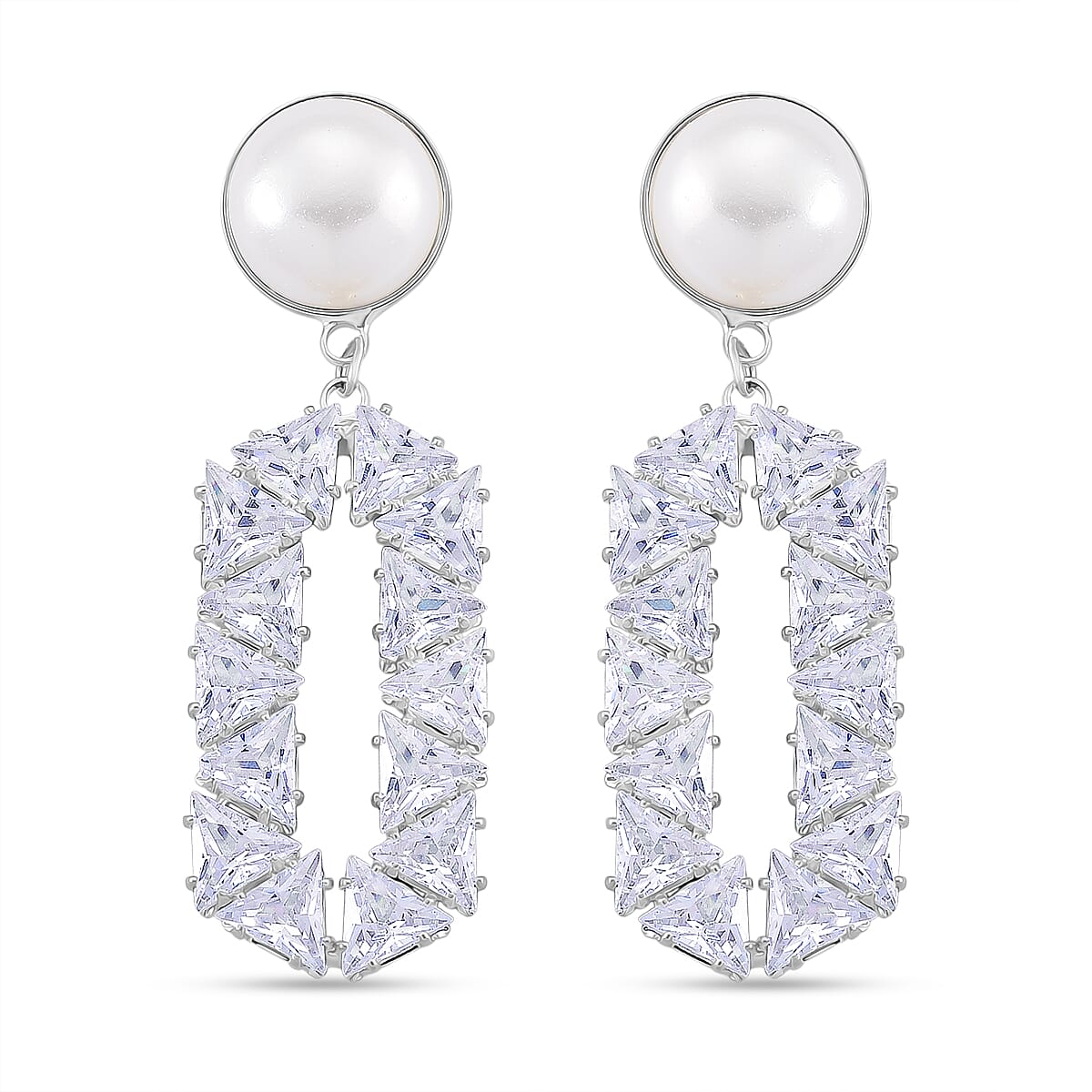 White Cubic Zirconia & White Shell Pearl Dangling Earring with Push Back in Silver Plated 8.01 Ct.