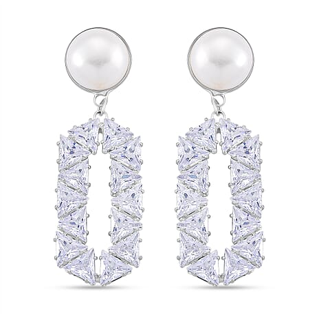 White Cubic Zirconia & White Shell Pearl Dangling Earring with Push Back in Silver Plated 8.01 Ct.