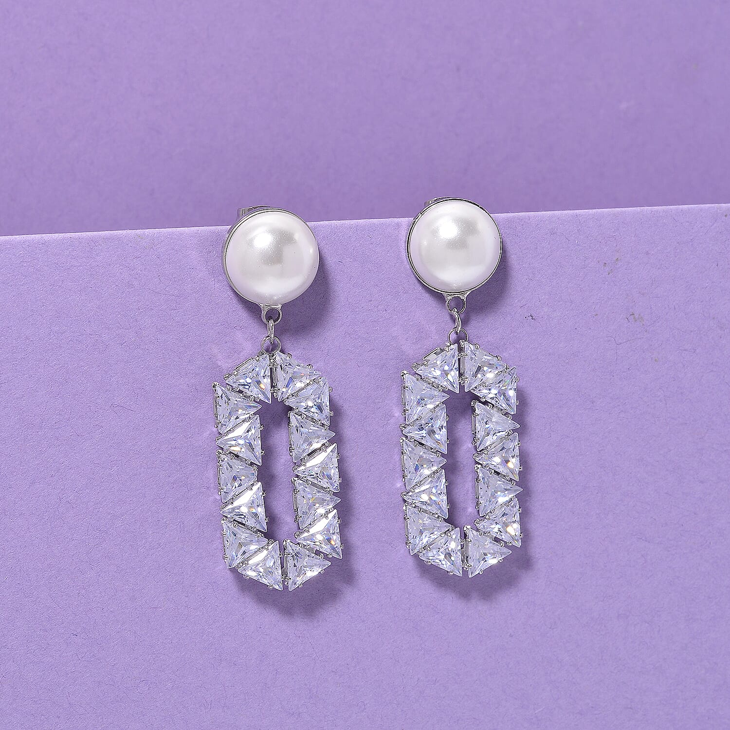 White Cubic Zirconia & White Shell Pearl Dangling Earring with Push Back in Silver Plated 8.01 Ct.