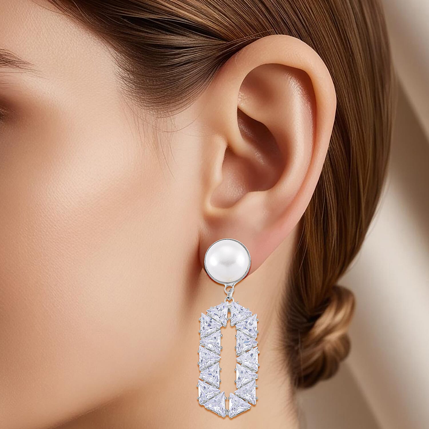 White Cubic Zirconia & White Shell Pearl Dangling Earring with Push Back in Silver Plated 8.01 Ct.