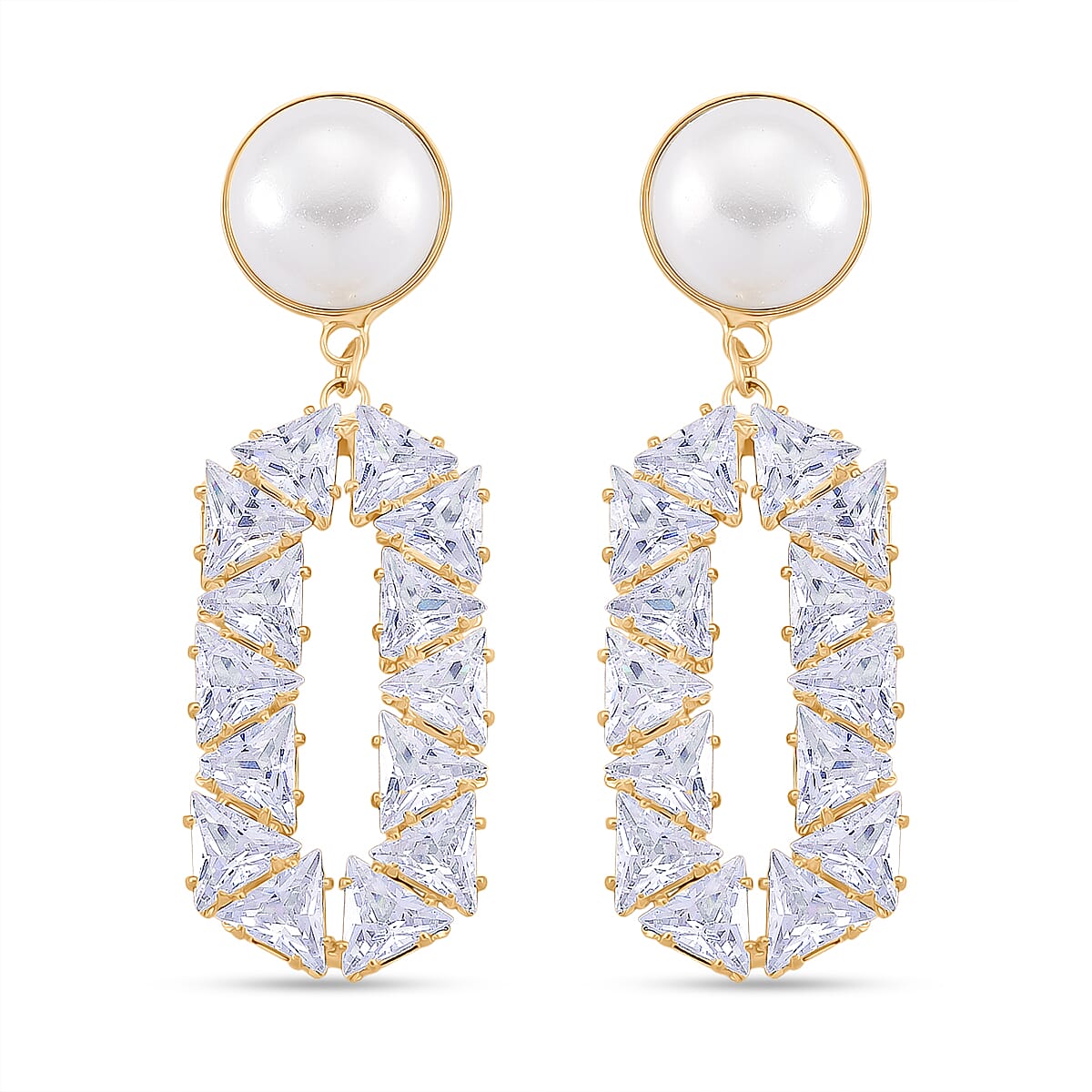 White Cubic Zirconia & White Shell Pearl Dangling Earring with Push Back in Yellow Gold Plated 8.01 Ct.