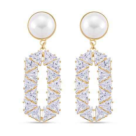 White Cubic Zirconia & White Shell Pearl Dangling Earring with Push Back in Yellow Gold Plated 8.01 Ct.
