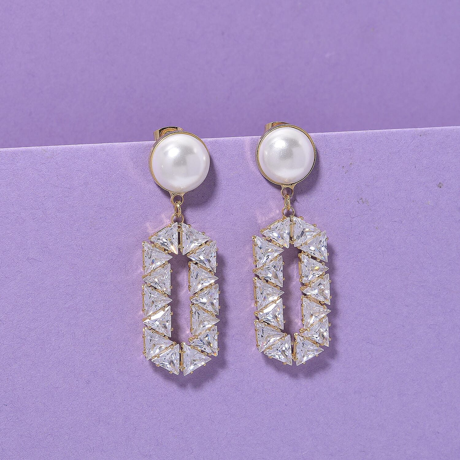 White Cubic Zirconia & White Shell Pearl Dangling Earring with Push Back in Yellow Gold Plated 8.01 Ct.