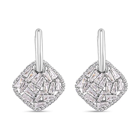 White Cubic Zirconia Dangling Earring Cum Pendant with Clasp in White Gold Plated 6.00 Ct.