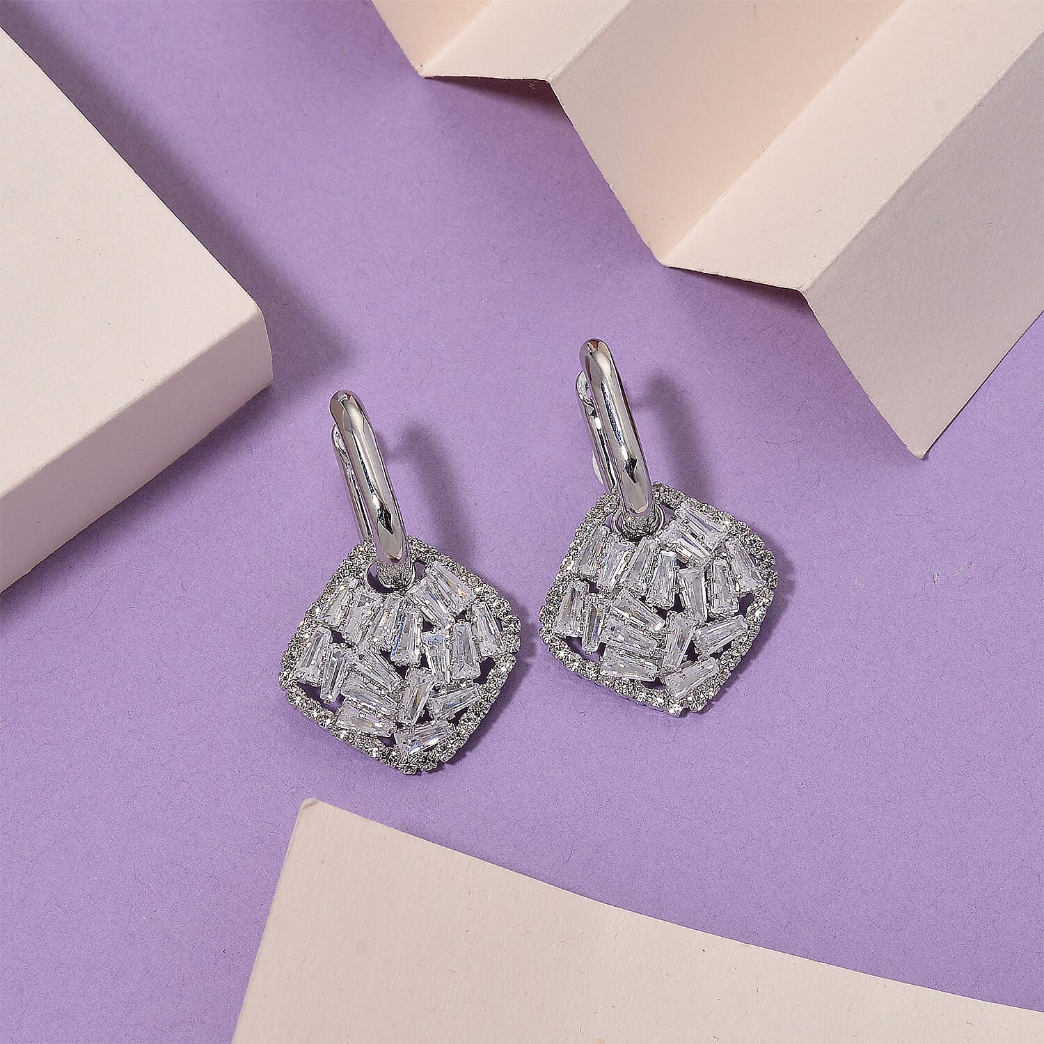 White Cubic Zirconia Dangling Earring Cum Pendant with Clasp in White Gold Plated 6.00 Ct.