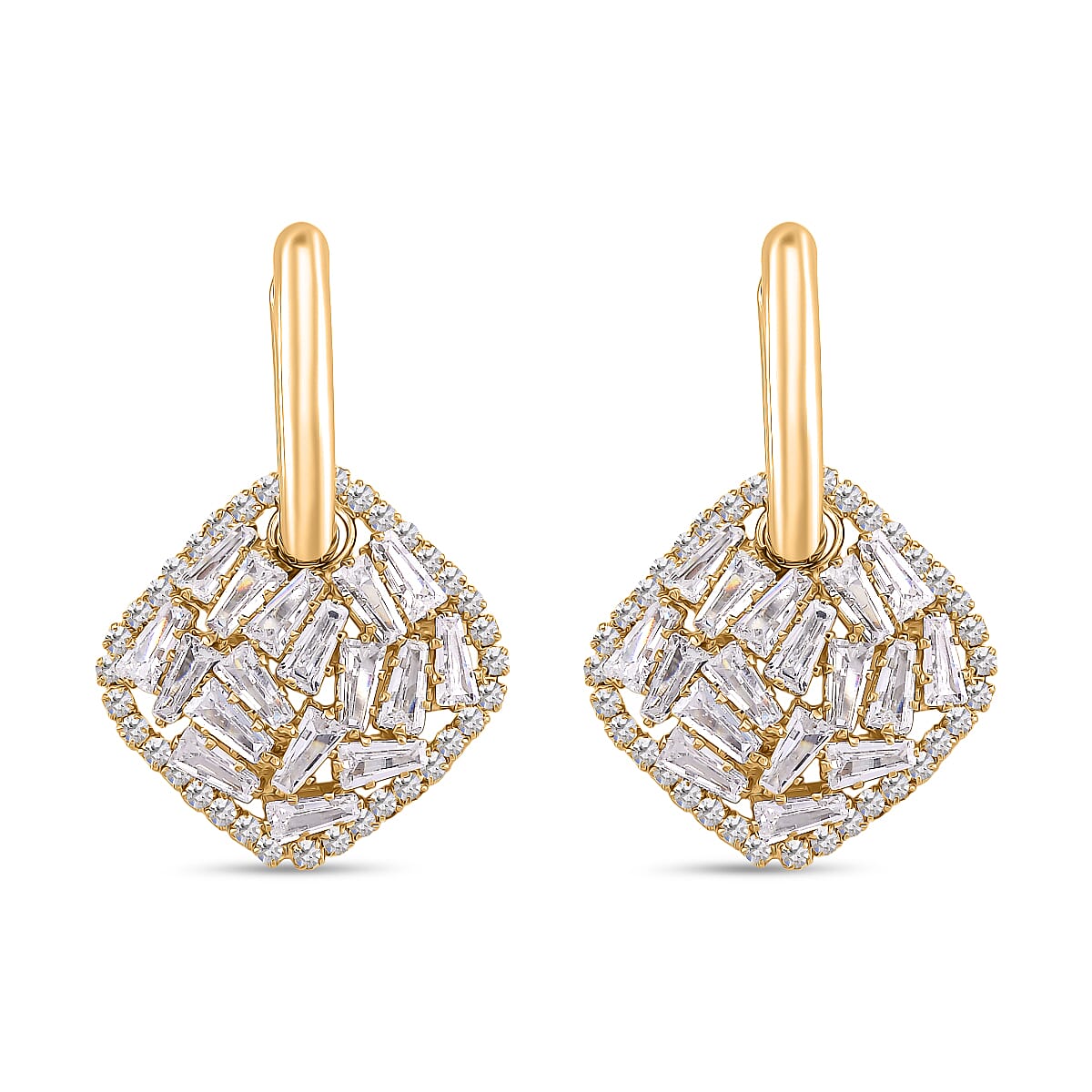 White Cubic Zirconia Dangling Earring Cum Pendent with Clasp in Yellow Gold Plated 6.00 Ct.