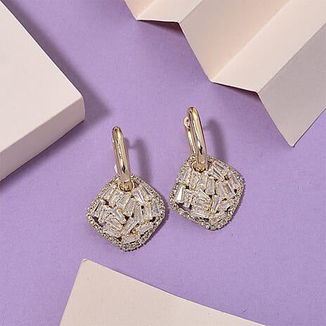 White Cubic Zirconia Dangling Earring Cum Pendent with Clasp in Yellow Gold Plated 6.00 Ct.