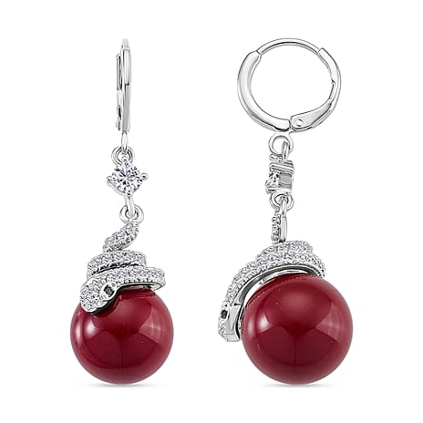White Cubic Zirconia, Green Cubic Zirconia & Red Shell Pearl Dangling Earrings with Hoop