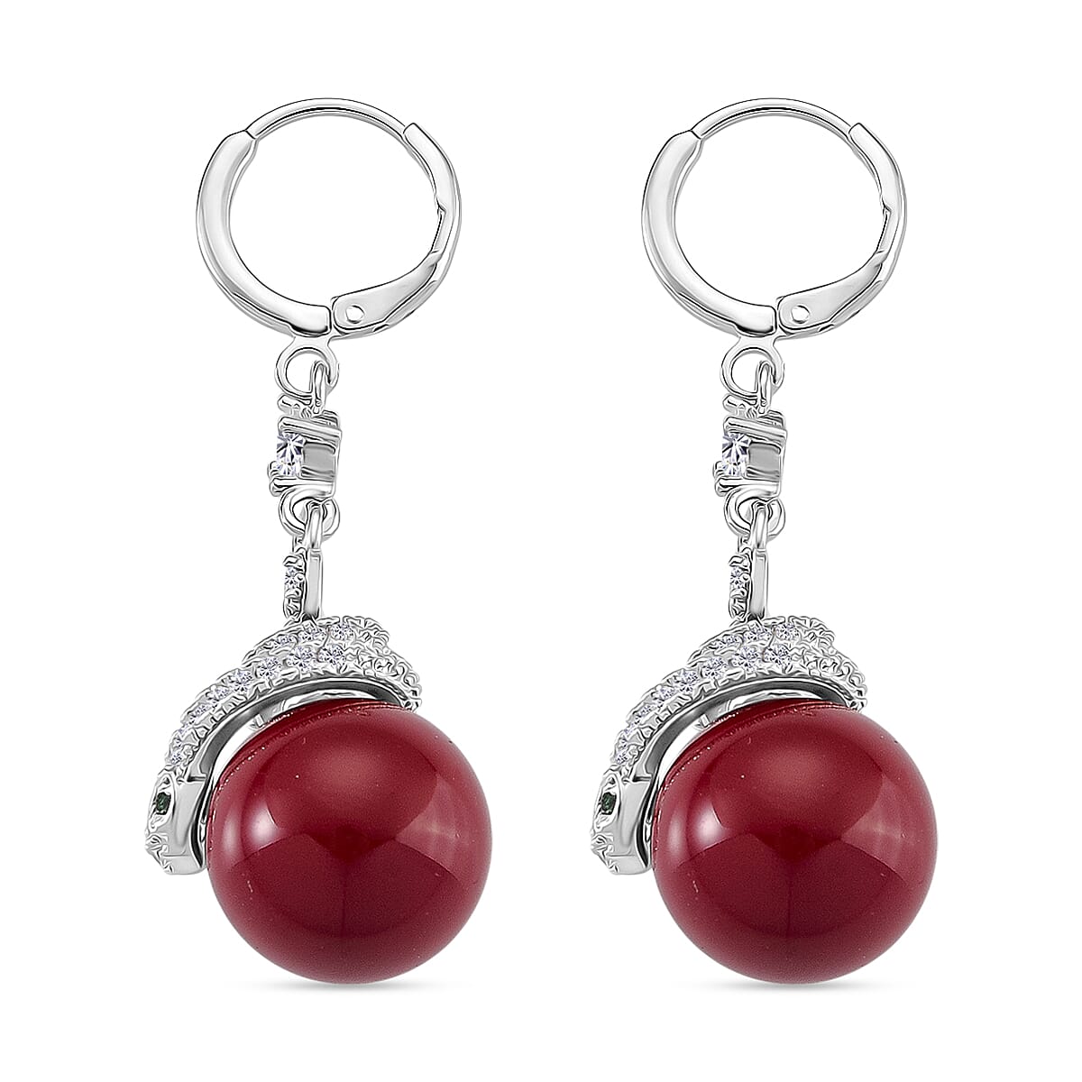 White Cubic Zirconia, Green Cubic Zirconia & Red Shell Pearl Dangling Earrings with Hoop