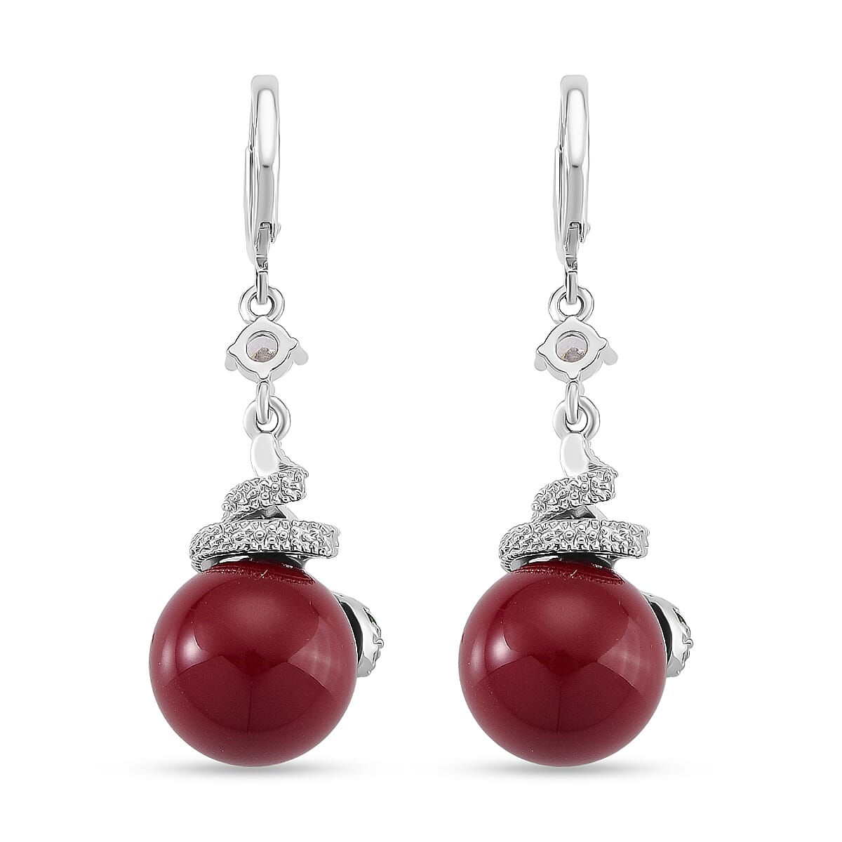 White Cubic Zirconia, Green Cubic Zirconia & Red Shell Pearl Dangling Earrings with Hoop