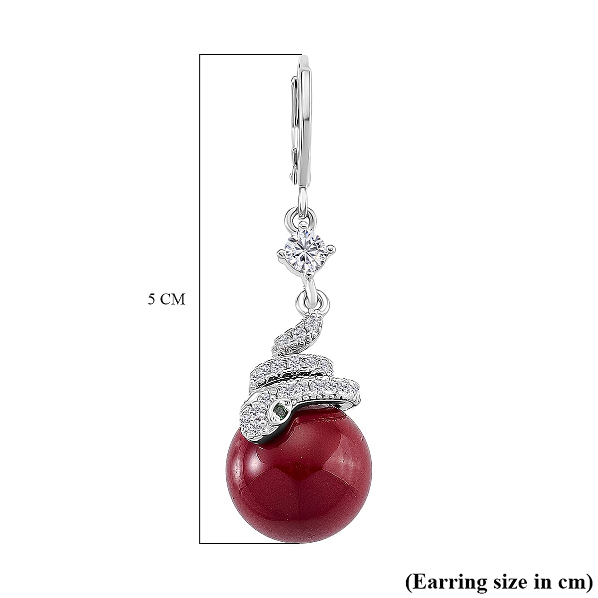 White Cubic Zirconia, Green Cubic Zirconia & Red Shell Pearl Dangling Earrings with Hoop